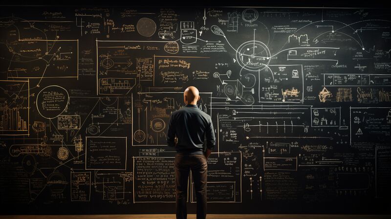Man stood in front of a blackboard full of technical drawings and notes