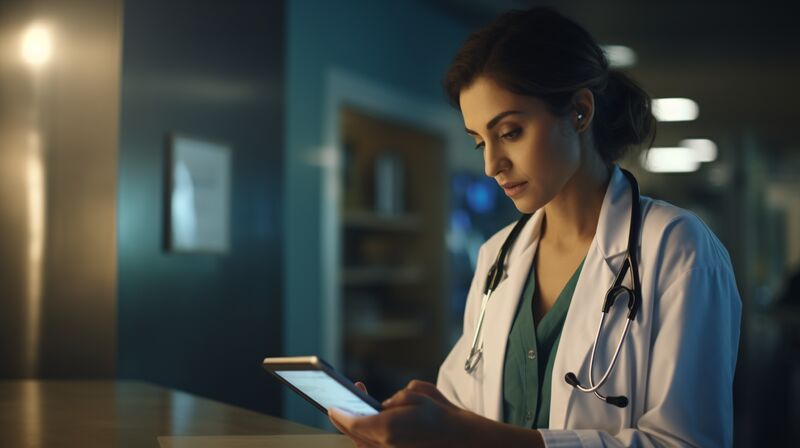 Female doctor reviewing clinical documents on a tablet