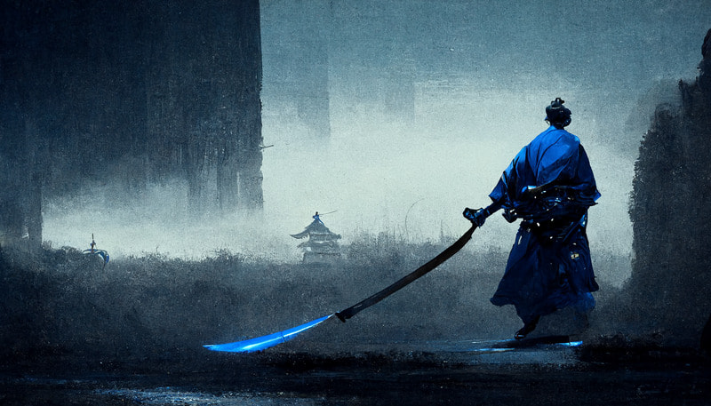 midjourney ai - a dark blue samurai pulling out his blade