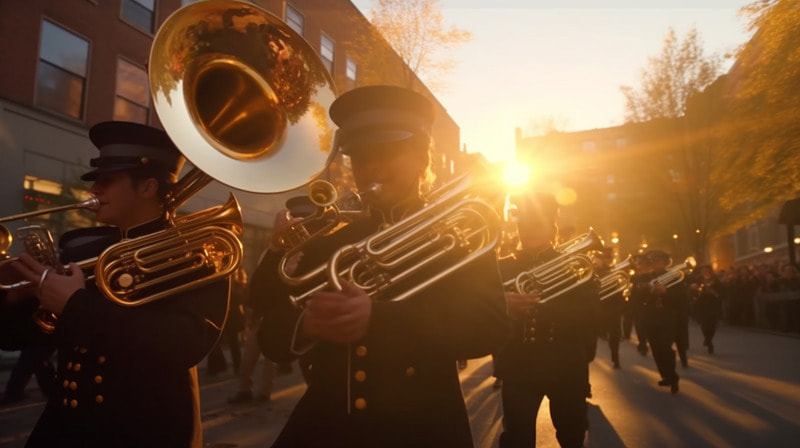 midjourney ai - brass band marching, low camera angle