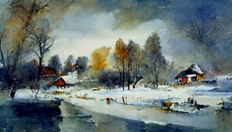 midjourney ai - December Winter Scene Watercolor Painting